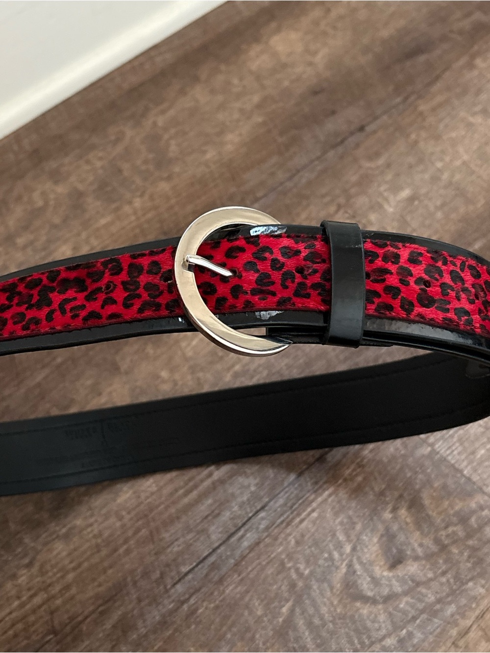 White House Black Market Red Leopard Print Belt with Silver Buckle